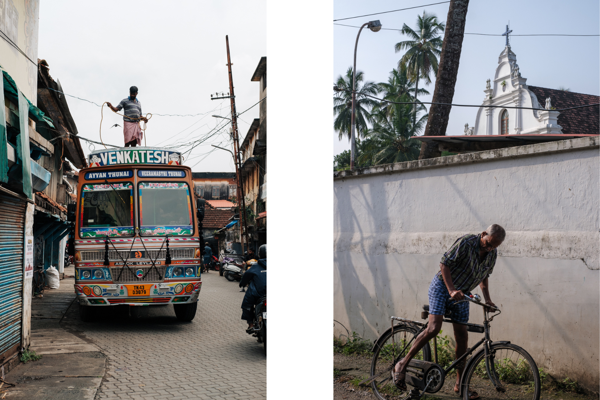 Fort Kochi street life with a vibrantly decorated truck and an elderly man beside a bicycle