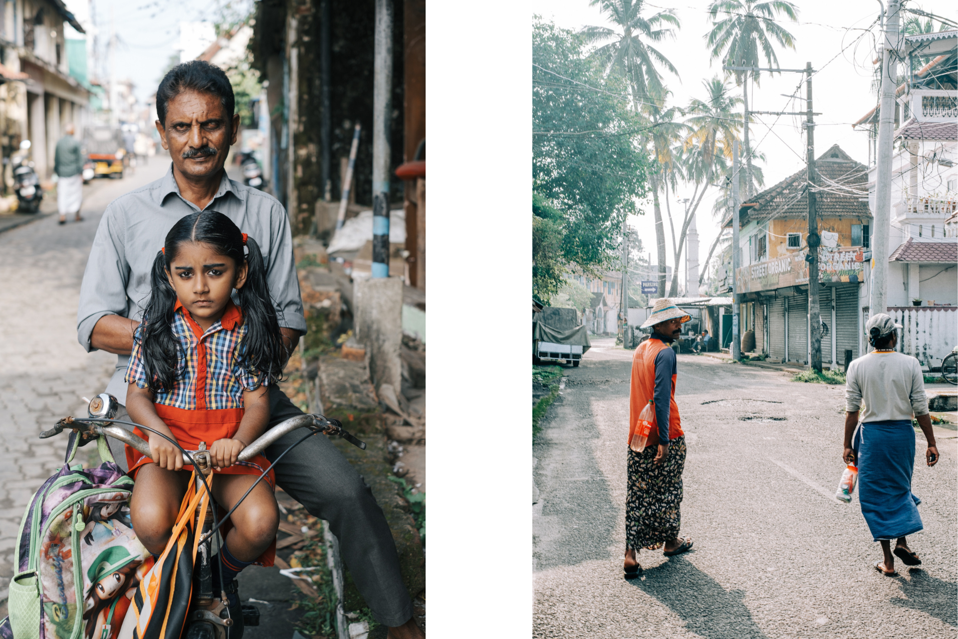 Daily life scenes from Fort Kochi: father and daughter on a bicycle, locals walking along quiet streets