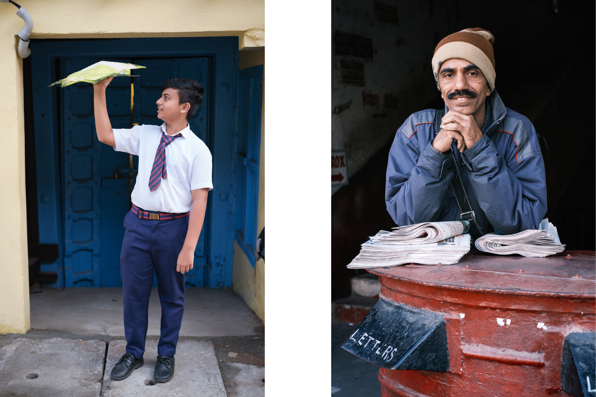 Portraits capturing Fort Kochi street life, including a playful schoolboy and a newspaper vendor