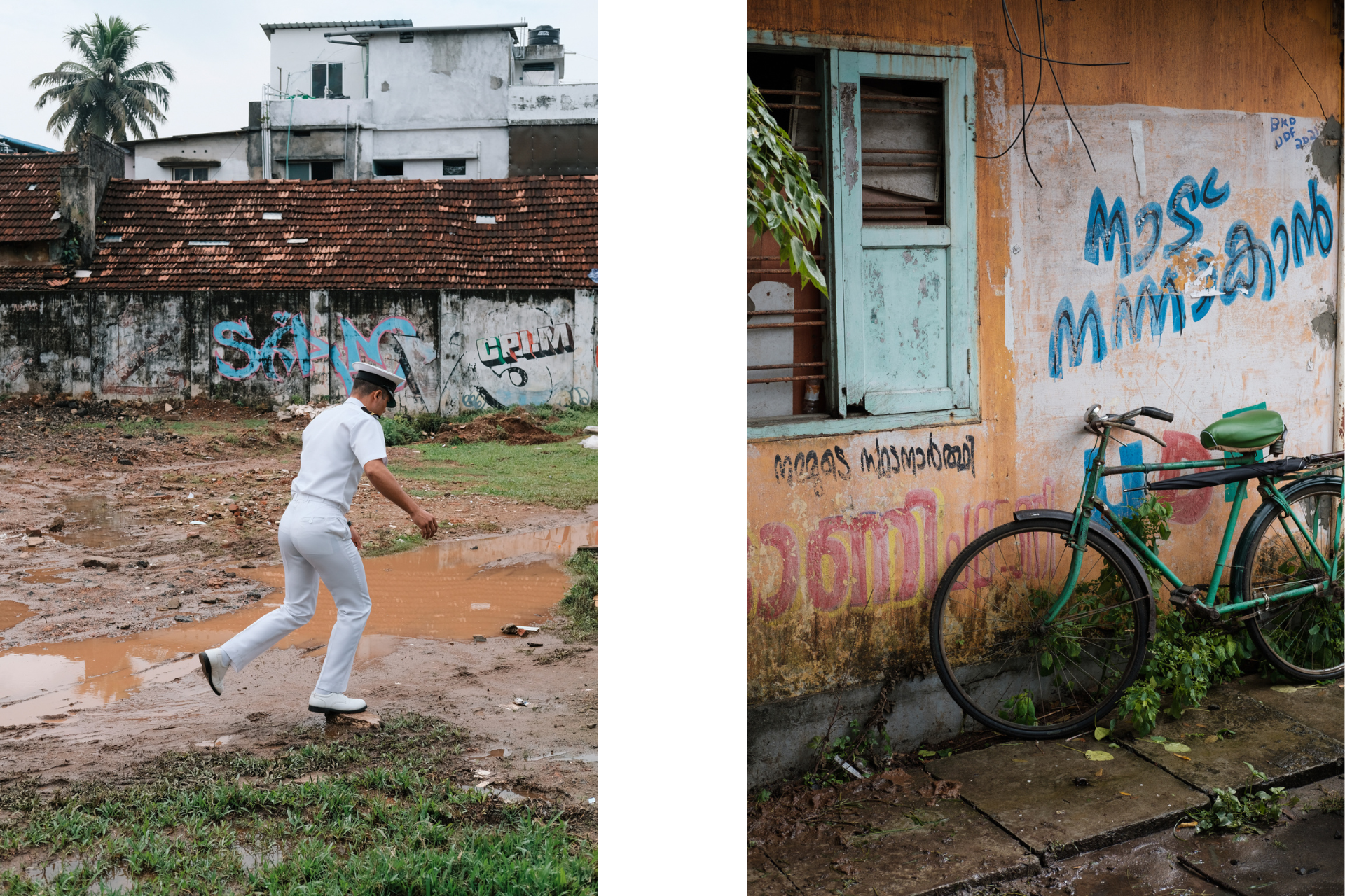 Young sailor walking across a street and a traditional house with a bicycle parked outside in Fort Kochi