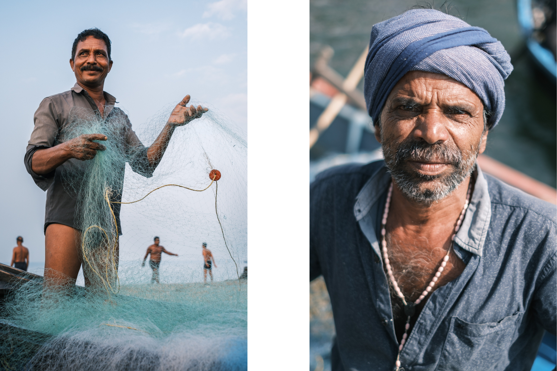 Portraits of Kerala fishermen smiling and handling traditional fishing nets