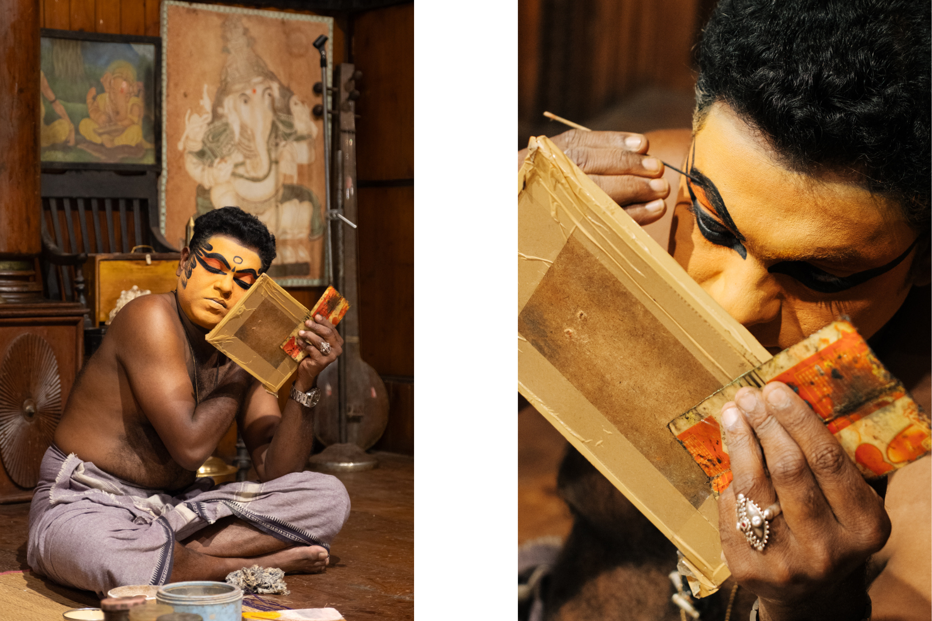 Kathakali performer applying vibrant makeup backstage before a traditional performance in Kerala