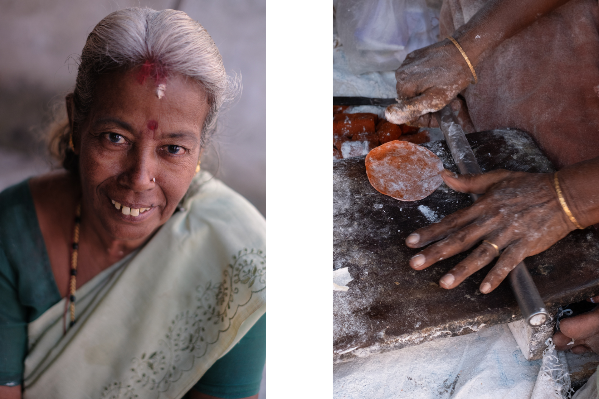 Portrait of an elderly Kerala woman smiling warmly while preparing traditional food