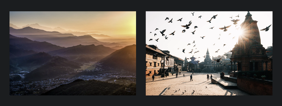 2 pictures of Nepal : one of the Himalayan mountain range and one of Bhaktapur historical place. Extract of the Nepal Photo Tour by Lorenz Berna