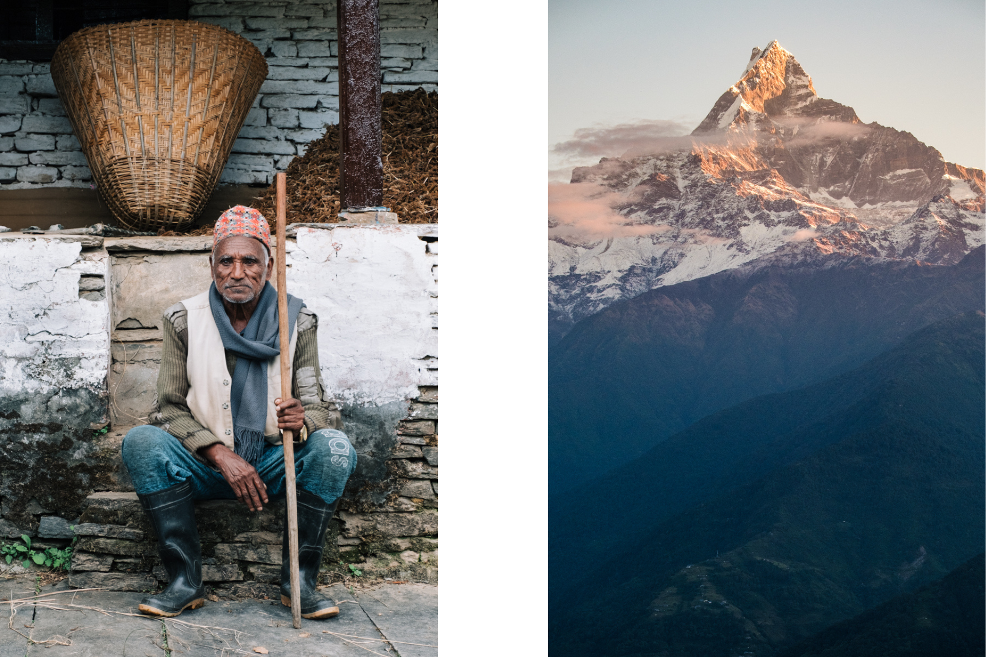 Portrait of an elderly farmer in Dhampus village and sunrise on Machapuchare peak, illustrating the connection between local traditions and Himalayan landscapes during a Nepal photo tour