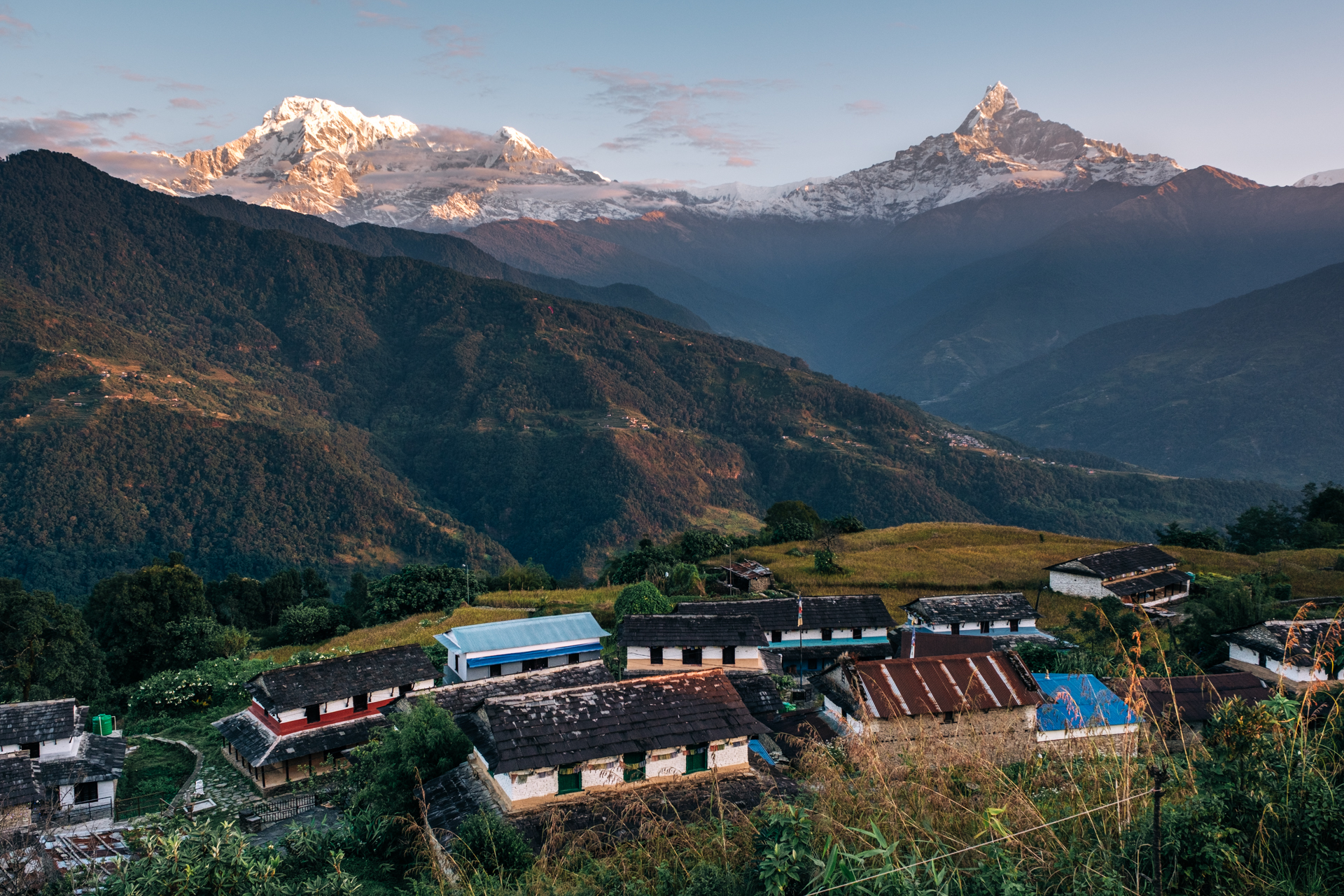 Panoramic view of Dhampus village with Annapurna range in the background – peaceful Himalayan landscape