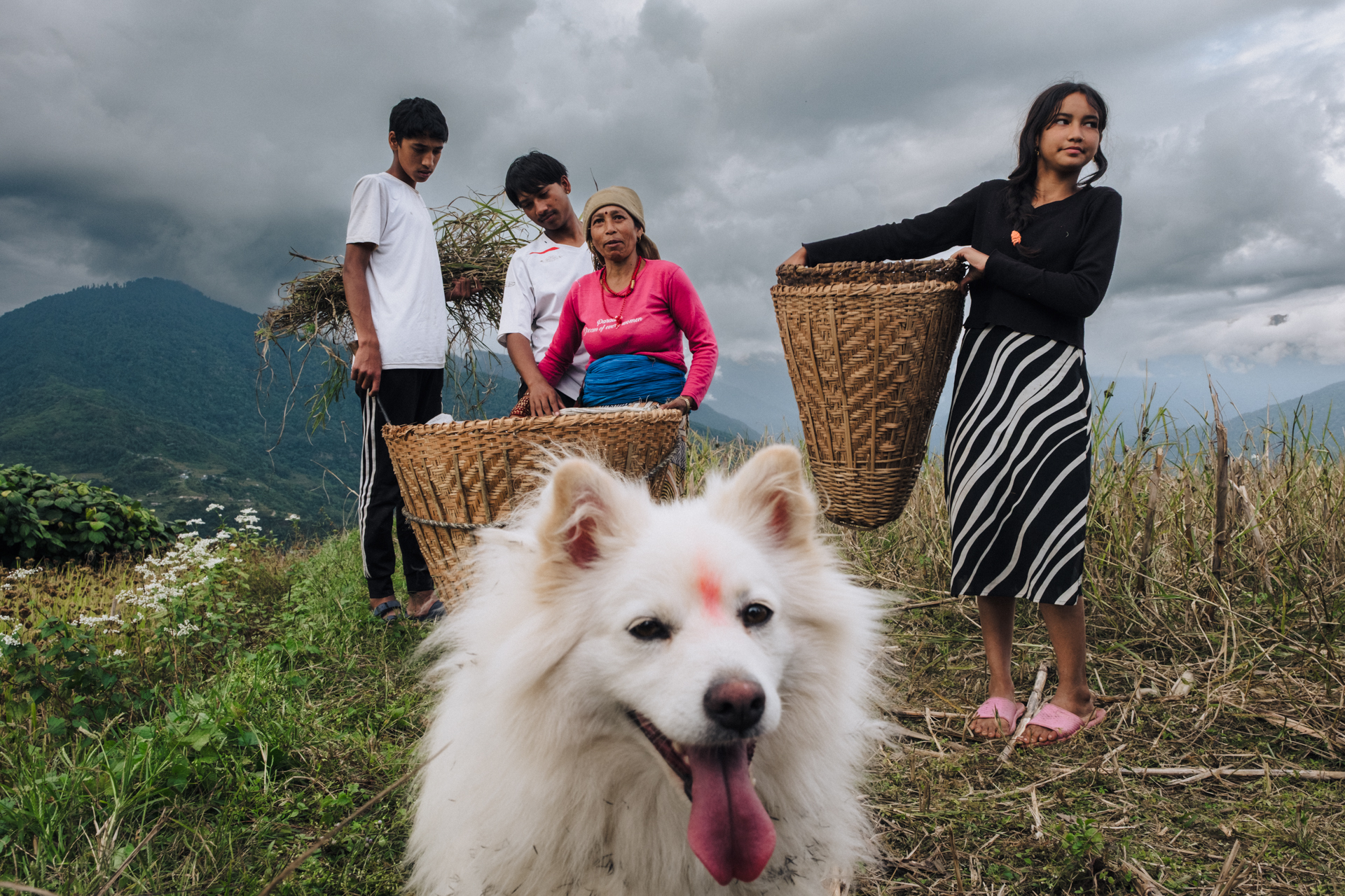 Group of smiling Nepali children with a white dog on a mountain path – community encounter during photo tour in Nepal